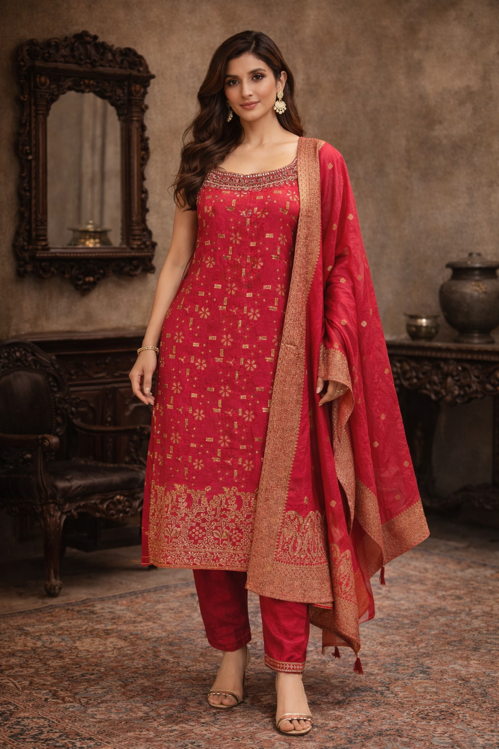 Crimson Red Silk Embroidered Kurta Set with Pants & Dupatta